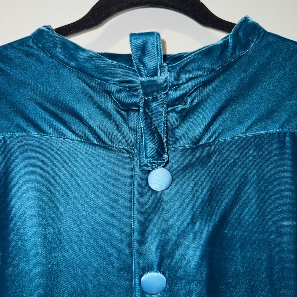Vintage 1960s Teal Velvet‎ Mini Dress Button Front Satin Trim Long Sleeve Blue - Picture 3 of 4